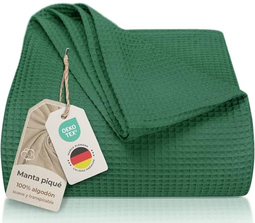 LAYNENBURG Premium Tagesdecke 180 x 220 cm - Waffelpique 100% Baumwolle - leichte Wohndecke Waffeloptik - Baumwolldecke Bett-Überwurf, Sofa-Überwurf, Couch-Überwurf - Sofa-Decke (Dunkelgrün)