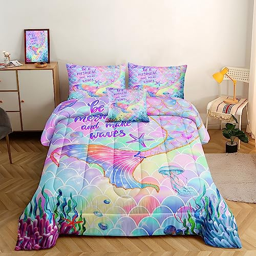 ROWADALO 6 Pieces Mermaid Scale Glitter Comforter Set Fish Scale Shell Starfish Girls Bedding Set,Gradient Rainbow Mermaid Tail Bed in A Bag Full Size Complete Set for Girls Bedroom,MRY502-Full