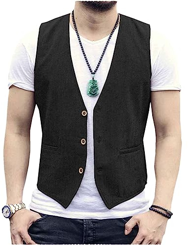 Tiavllya Gilet da uomo senza maniche in cotone e lino casual Gilet da spiaggia estivo slim fit tinta unita a 3 bottoni（S, Nero）