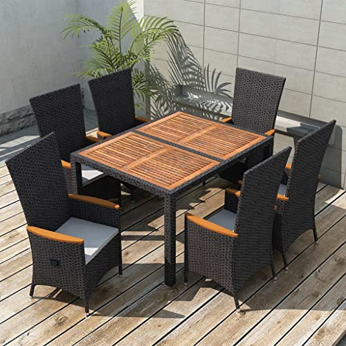 ZQQLVOO Lounge Gartenmöbel Set Terassenmöbel außen 7-TLG. Garten-Essgruppe Poly Rattan Akazienholz Schwarz