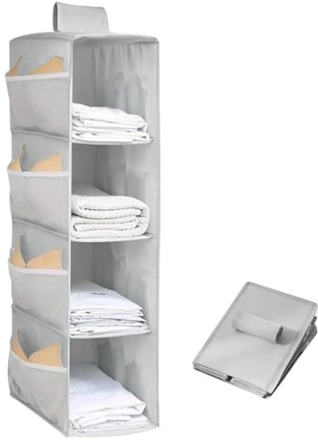 QUMENEY Hängender Kleiderschrank Aufbewahrungsschrank Organisator Hängende Aufbewahrungsregale mit Seitentaschen Kleidung Organisator platzsparend und faltbar Schlafzimmer (4 Lagen)