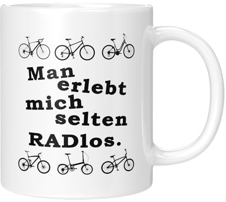 TassenTicker - Man erlebt mich selten Radlos - Tasse mit Spruch - Fahrradliebhaber - Geschenk für Biker - Fahrrad - Für Männer Frauen - Beidseitig bedruckt - Weiss