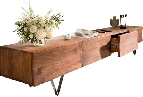 DELIFE TV-Board Wyatt Akazie Braun 220 cm 4 Schübe V-Fuß Edelstahl