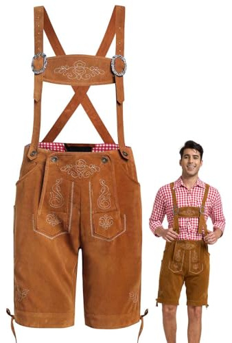 Jecarden Trachtenhose Herren mit Trägern - Bayerische Herren Trachten Lederhose Trachtenlederhose mit Trägern Kniebundhose kurz Für Oktoberfest, Feierlichkeiten, Events 50