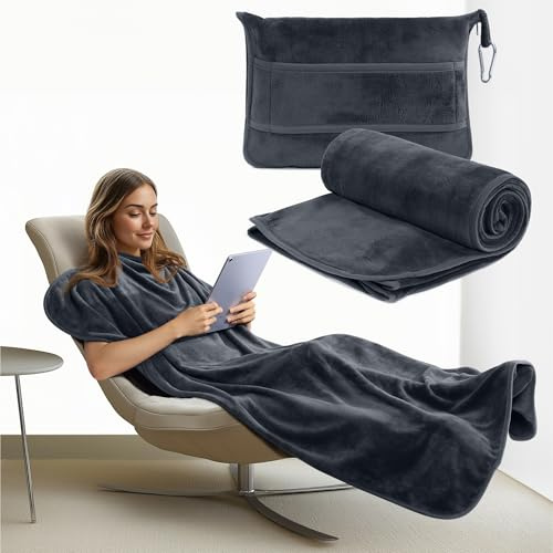 JEMIDI Coussin Voyage Avion - Couverture de Voyage et Coussin 2 en 1 Pliable pour Camping Pique-Nique Train et Voiture - Set avec Plaid et Sac de Rangement Cabine Supplémentaire