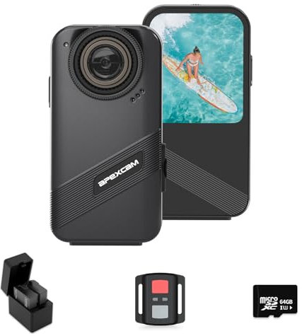 Apexcam K20 Touchscreen Action Cam 4K60FPS 48MP WiFi 8X Zoom EIS 20m Wasserdicht mit 64GB Sportskamera Unterwasserkamera Karte 2.4G Fernbedienung 2x1350mAh Akkus