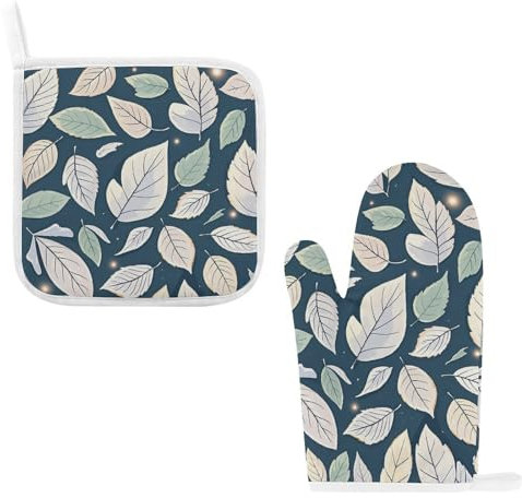 Ofenhandschuhe und Topflappen, 2-teiliges Set, hitzebeständig, Küchenhandschuhe mit Topflappen, rutschfestes Baumwollfutter, Ofenhandschuhe, weißes Blattmuster, Kochhandschuhe zum Backen