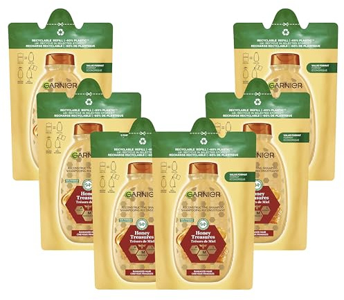 Garnier Wahre Schätze Honig Schätze Shampoo Refill Multipack, Nachfüllpack mit -60% weniger Plastik, recyclebar, für strapaziertes Haar, intensive Pflege mit reparierendem Akazienhonig,(6x250ml)