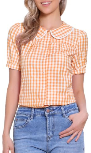 Allegra K Women's Gingham Top Peter Pan Collar Plaid Button Down Shirts
