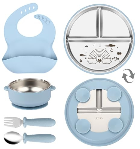 OXYEFEI Edelstahl Teller Baby, Kindergeschirr Set mit Tiermotiven | Baby Teller mit Saugnapf Geburtstagsgeschenke für Babys, Taufgeschenke (Blau, Regenbogen)