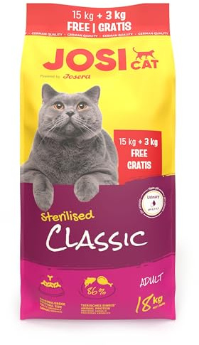 JosiCat Sterilised Classic (1 x 15 + 3 kg) | Vuxen | Premium torrfoder för kastrerade katter | med lite fett och mycket protein | Powered by JOSERA | Kattmat | helfoder | 1-pack