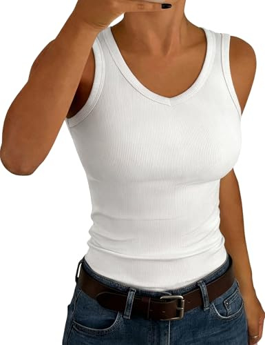 Aottori Canotta Donna Estiva Basic Top Slim Fit Canottiera a Coste Scollo a V Shirts Senza Maniche Sexy Tanktop Casual Bianco L
