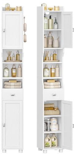 Hzuaneri Narrow Tall Bathroom Cabinet, with 2 Doors, 1 Drawer & Open Shelf | Slim Storage for Kitchen Living Laundry Room, Freestanding Unit with 3 Adjustable Shelves, 28 x 28 x 180 cm, White 480013X