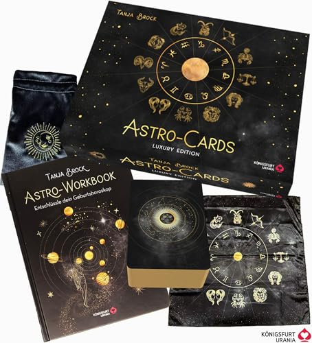 Astro-Cards - Luxury Edition: großformatige Box mit Goldprägung, 43 Karten mit Goldprägung und Goldschnitt, Samtbeutel mit Zugband, ein Legetuch und mit Workbook: Samtbeutel, Legetuch, Workbook,
