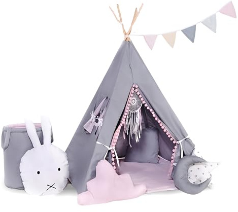 Kinder Teepee Tipi Set für Kinder Spielzeug drinnen draußen Spielzelt Zelt Indianer Indianertipi mit Fenster mit Zubehör und ohne NEU (mit 8 Elementen, Grauer Hase)