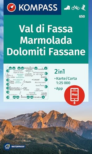KOMPASS Wanderkarte 650 Val di Fassa, Marmolada, Dolomiti Fassane 1:25.000: markierte Wanderwege, Hütten, Radrouten