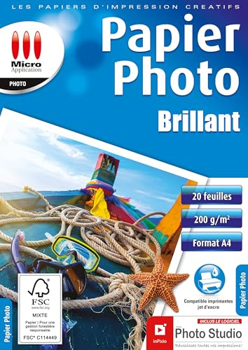 Micro Application - Papier photo A4 - Papier imprimante - Pour Tirage photo - Papier pour impression photo - Pack Feuilles Papier Photo Finition Brillant A4-200 g/m² - 20 Feuilles