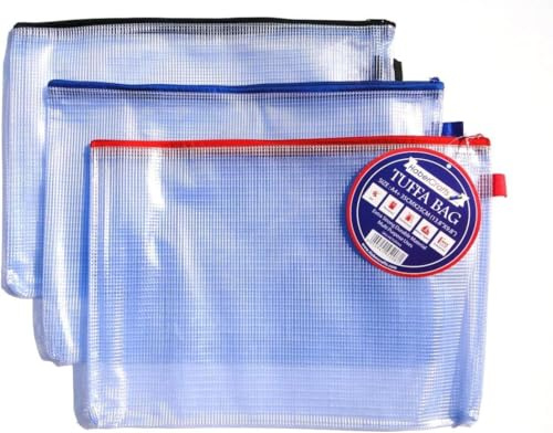 A4 Tuff Bag Zip Wallet Clear Plastic Wallets Zipped Pouch File Pencil Case Folder Water Resistant Reinforced Heavy Duty Mesh Bags (Fits A4-3 Pack)