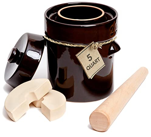 Kenley Fermentation Crock Jar - Stoneware Pot for Fermenting or Pickling Kimchi, Sauerkraut, Pickles, Vegetables, Kombucha - Ceramic Fermenter with Weights, Lid & Pounder (4 Litre)