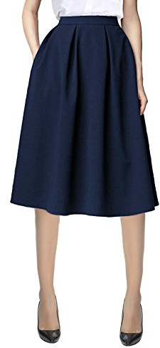 Urban CoCo Women's Knee Length A Line Midi Skirt Casual Work Elastic High Waisted Skirts with Pockets Navy Blue