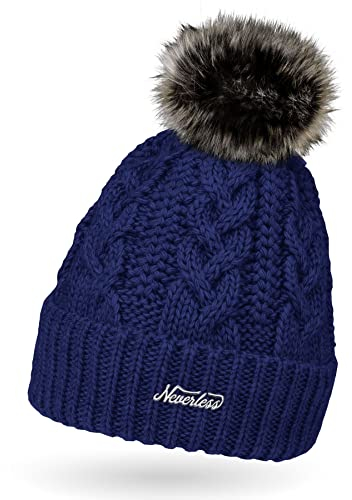 Neverless® Damen Strickmütze mit Pompom Zopfstrickmuster Bommelmütze gefüttert mit Fleece Wintermütze Model 1979 Navy Unisize