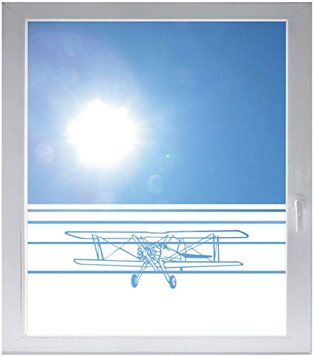 INDIGOS UG Sichtschutzfolie Glasdekorfolie Fensterfolie mit Motiv satiniert Blickdicht - w372 Doppeldecker Flugzeug Flieger - 1000 mm Länge - 500 mm Höhe Streifen - selbstklebend - matt