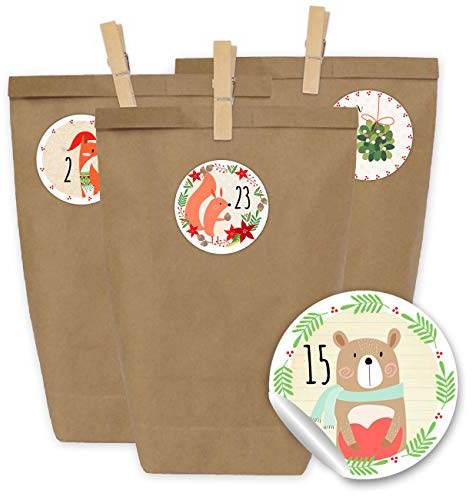 Papierdrachen Adventskalender zum Befüllen - 24 Geschenktüten und 24 Zahlenaufkleber und Klammern - Motiv Liebevolle Tiermotive - zum Befüllen und Basteln - Weihnachten - Mini Set Nr 22