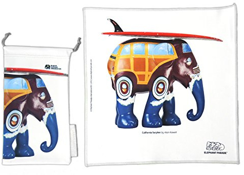 HAPPY WIPEY - California Surpher – a large microfibre glasses and display cleaning cloth (25 x 25 cm) with artistic elephant motif and a microfibre pouch (10 x 18 cm) for glasses or smartphone.