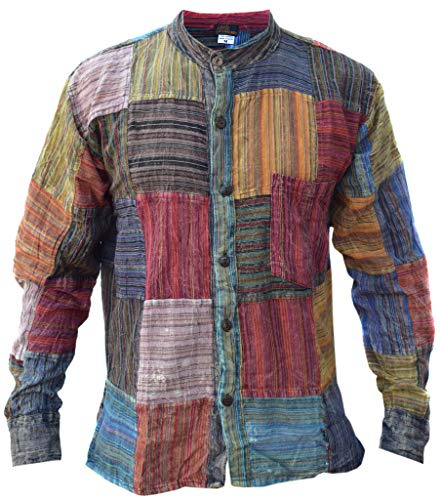 Gheri Men's Patchwork Striped Grandad Summer Festival Kurta Shirt Long Sleeve