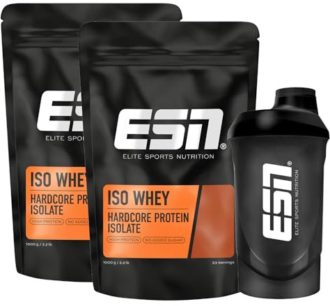 ESN IsoWhey Hardcore + gratis Shaker, 2 x 1000 g, Vanilla, bis zu 26 g Protein pro Portion - made in Germany