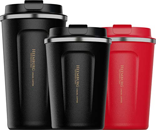 Heemburg Kaffeebecher für unterwegs Coffee-to-go Thermobecher schwarz 350 ml aus Edelstahl mit Doppelwand Isolierung 100% auslaufsicher für Kaffee oder Tee, Schwarz, 350ml