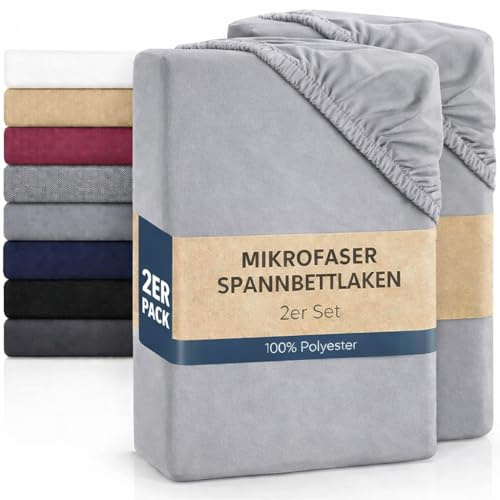 Basatex Microfaser Spannbettlaken, 2er Pack, 90x200 bis 100x200 cm, Silber | Spannbetttuch Doppelpack, praktischer Rundumgummizug, elastisch, hautsympatisch, auch für Allergiker geeignet