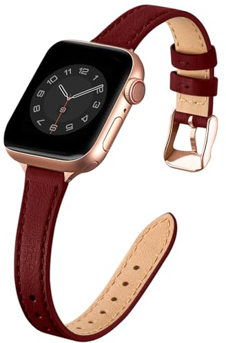 SUNFWR Kompatibel med Apple Watch-armbandet 41 mm, 40 mm, 38 mm, tunt äkta läderarmband för kvinnor, ersättningsarmband, för iwatch serie 7/6/5/4/3/2/1, SE (38 mm, 40 mm, 41 mm, vinröd och roséguld)