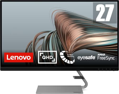Lenovo Q27q-1L 68,58 cm (27 Zoll, 2560x1440, QHD, 75Hz, WideView, entspiegelt) Monitor (HDMI, DisplayPort, 4ms Reaktionszeit, AMD Radeon FreeSync, integr. Lautsprecher, Eye Comfort & Safe) grau