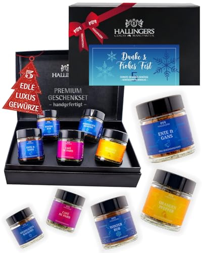 Hallingers Genuss Manufaktur Gewürz Weihnachts-Geschenk-Set - 5 Gewürze aus aller Welt in wertiger Geschenkbox mit Rezept-Booklet Danke & Frohes ..., Weihnachten für Frauen Männer