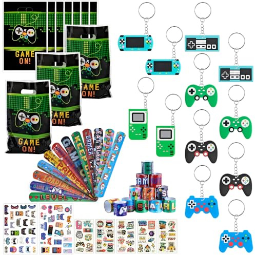 Video Game Party Bag Fillers, 80pcs Gaming Party Favor Birthday Party Gifts | Game Favors for Kids Boys Girls Gamer with Parties Bags, Slap Bands, Game Stickers, Luminous Tattoo Sticker, Keychains Party