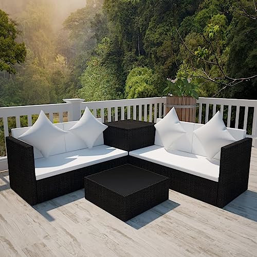 HEFZGDB 4-TLG. Garten-Lounge-Set mit Auflagen Poly Rattan Schwarz Gartenstühle Gartenmöbel Set Gartentisch Geeignet für Terrasse, Garten, Pool.
