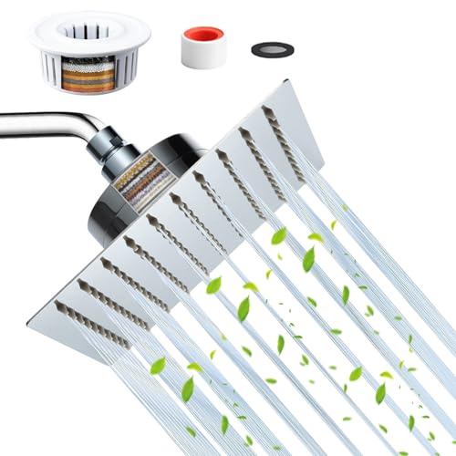 Shower Head with Filter, Large Shower Head Stainless Steel, High Pressure Shower Head for Hard Water, 8inch Square Showerhead Filter for Remove Chlorine and Harmful Substances