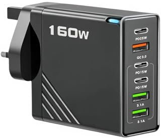 Multi 6-Port USB C Charger Plug Adaptor UK, Triple Port PD Power Adapter + QC Wall Charger, USB Type C Charging Plug Hub for All Smartphone (Black)