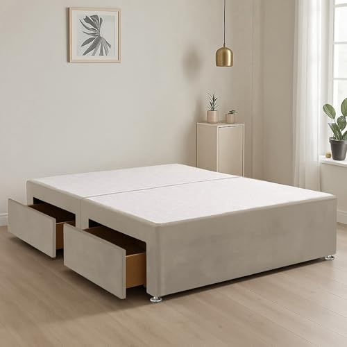 BED TIME UK - Plush Fabric Divan Bed Base with 2 Built-In Storage Drawers | Stylish Upholstered Bed Base for Smart Living (Cream, 4FT Small Double Bed)