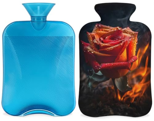 Bolsa de agua caliente pintada con diseño de rosas de fuego con funda, bolsa de agua caliente de 2 litros para aliviar el dolor, cuello y hombros, calentador de manos y pies