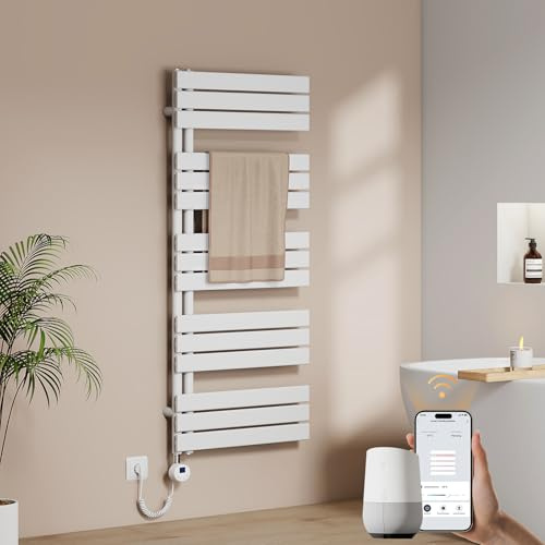 EMKE WiFi Handtuchheizkörper Elektrisch 1320x600 mm - Flach Badheizkörper Elektrisch, Elektrischer Handtuchwärmer Handtuchtrockner Handtuch Heizkörper Bad mit Thermostat und Heizstab - 800W, Weiß