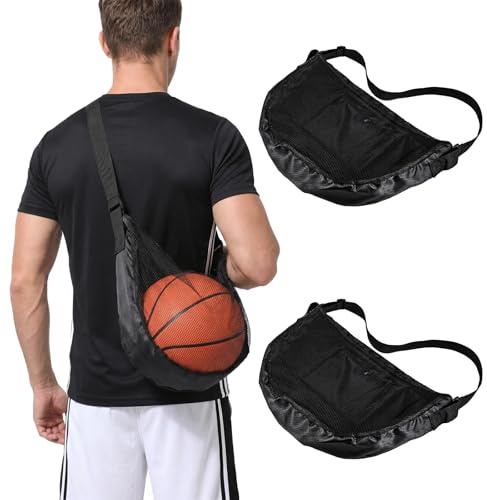 Kynigo 2Pcs Ball Bag, Mesh Ball Bags with Adjustable Strap & Zipper Pocket, Balls Storage Bags Sling Back Bag for Carrying Basketball Football Volleyball Soccer, Black
