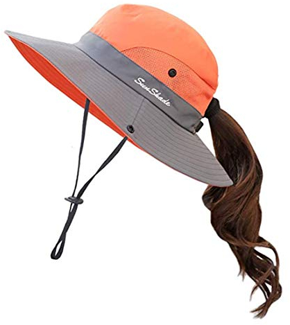 Anvevkn Damen Faltbarer Sonnenhut UV Schutz Sommerhut Wanderhut Fischerhut Gartenhut Wasserdicht Outdoor Buschhut mit Verstellbare Kinnband Orange