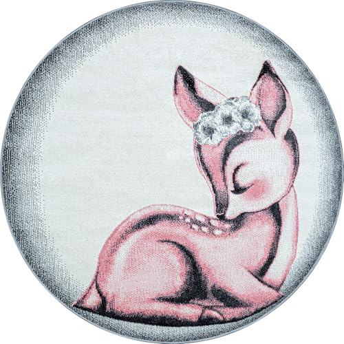 Carpetsale24 Kinderteppich Modern Rehkitz Design Pink und Grau 160 cm Rund - Kurzflor Teppich Kinderzimmer Waschbarer Spielteppich Babyteppich für Junge und Mädchen Extra Weich und Antiallergen Runder