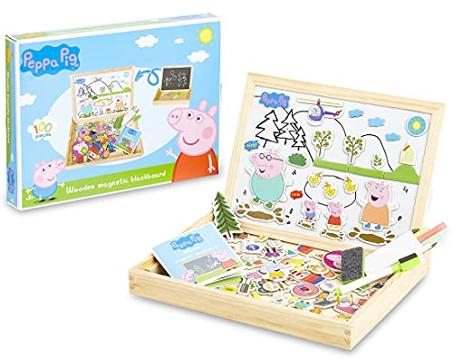 Peppa Pig Magnetische Holzpuzzle, Doppelseitiger Kreide und Magnettafel Kinder, Puzzle und Maltafel 100 Stücke, Pädagogisches Lernspielzeug Staffelei Spielzeug, Geschenke für Kinder