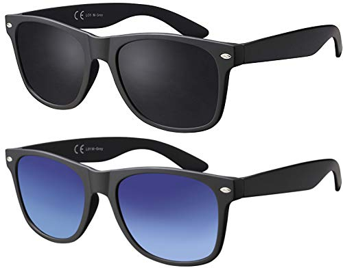 La Optica B.L.M. Herren Sonnenbrille UV400 Damen Unisex Retro Vintage - Party Festival JGA Set Matt Schwarz (Gläser: Grau, Blau Verlauf Gradient)