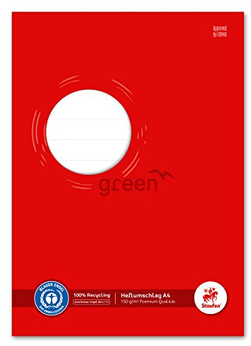 Staufen Ursus Heftumschlag mit Beschriftungsfeld, 10 Stück, DIN A4, 150g/m² Recyclingpapier, Schutz für Schulhefte, Farbe rot, Green