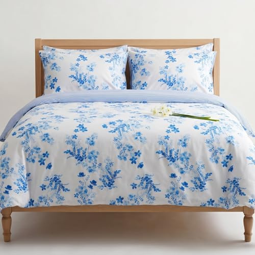 LERUUM Bettwäsche Set 140x200 Baumwolle Reversibel Streifen Blumen Blau Weiß Bettbezug (140 x 200 + 65 x 65 cm)