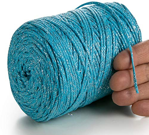 MeriWoolArt® Metallische Makramee Garn 2mm x 225m Farbig für Schnur Schmuckherstellung, Makramee Accessoires Schmuck - Boho Makramee Seil Garn - Glanz Lurex Recyceltes Baumwollgarn (Lurex Türkis)